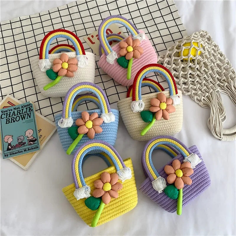 Women's Knit Rainbow Flower Cute Square Open Handbag