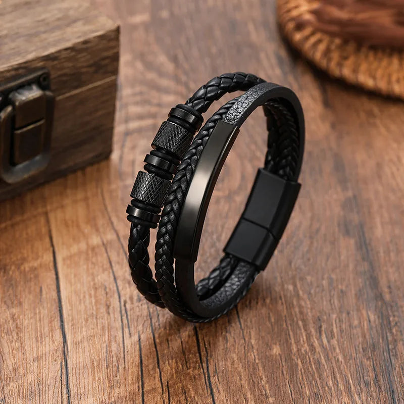 Punk Solid Color Pu Leather Titanium Steel Plating Men's Bangle Men Cord & Leather Bracelets