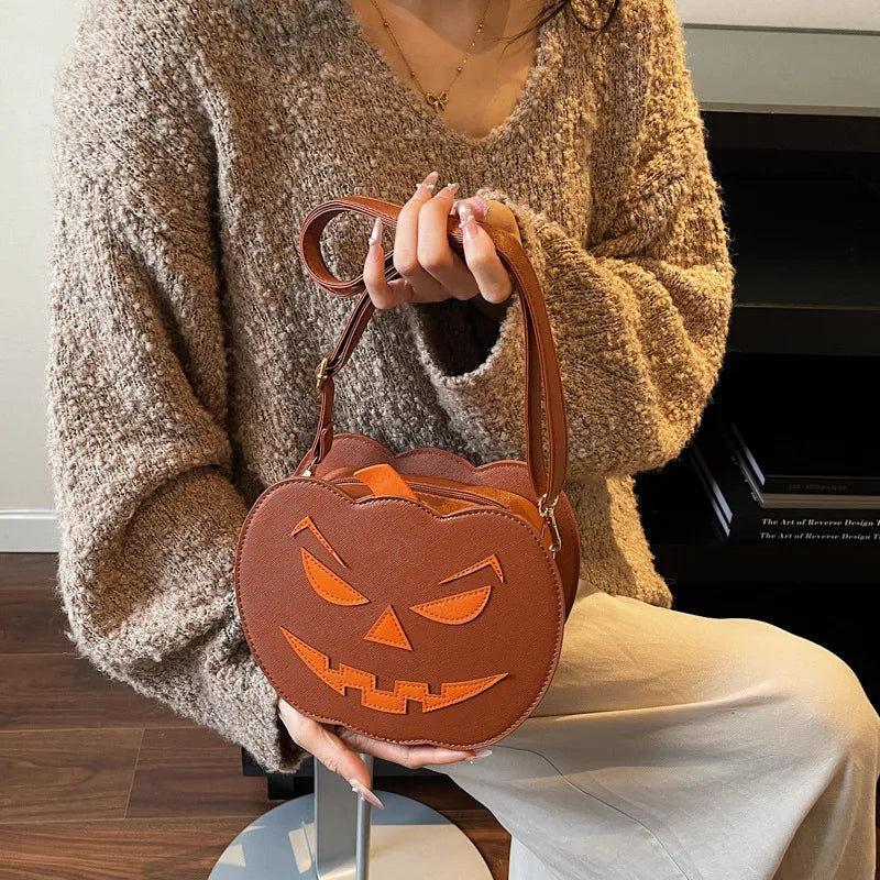 Halloween Small Pumpkin Shaped Crossbody Bag Women's Versatile Round Fashion Bag Polyester Inner Zipper Closure Shoulder Strap