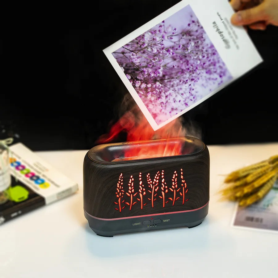 New wood grain hollow wheat ear WiFi flame humidifier household flame essential oil aromatherapy machine  products wholesale
