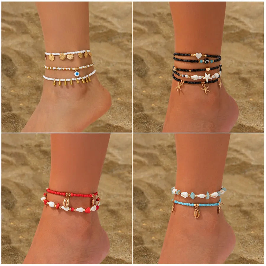 Europe and the United States  jewelry leisure wind beach disc rice beads foot ring 3 piece set water drop coin acrylic foot chain