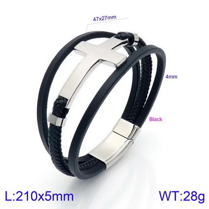 Hip-Hop Retro Cross Pu Leather Titanium Steel Plating 18K Gold Plated Men's Bracelets