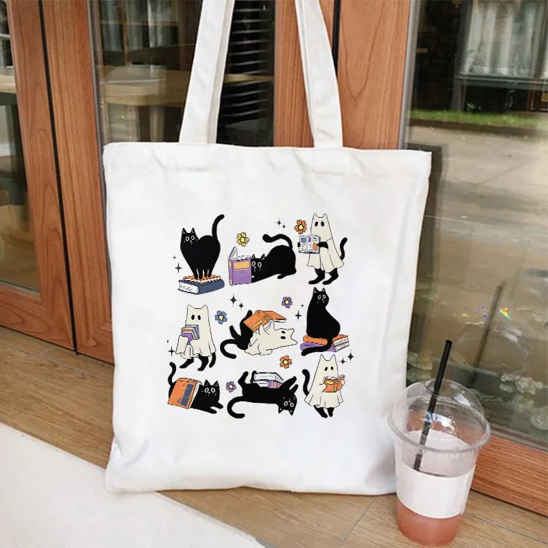 Cute Cat Halloween Party Bag Women Ghost Canvas Tote Bag Harajuku Fashion Shopping Bag Square Shape Large Size Retro Print