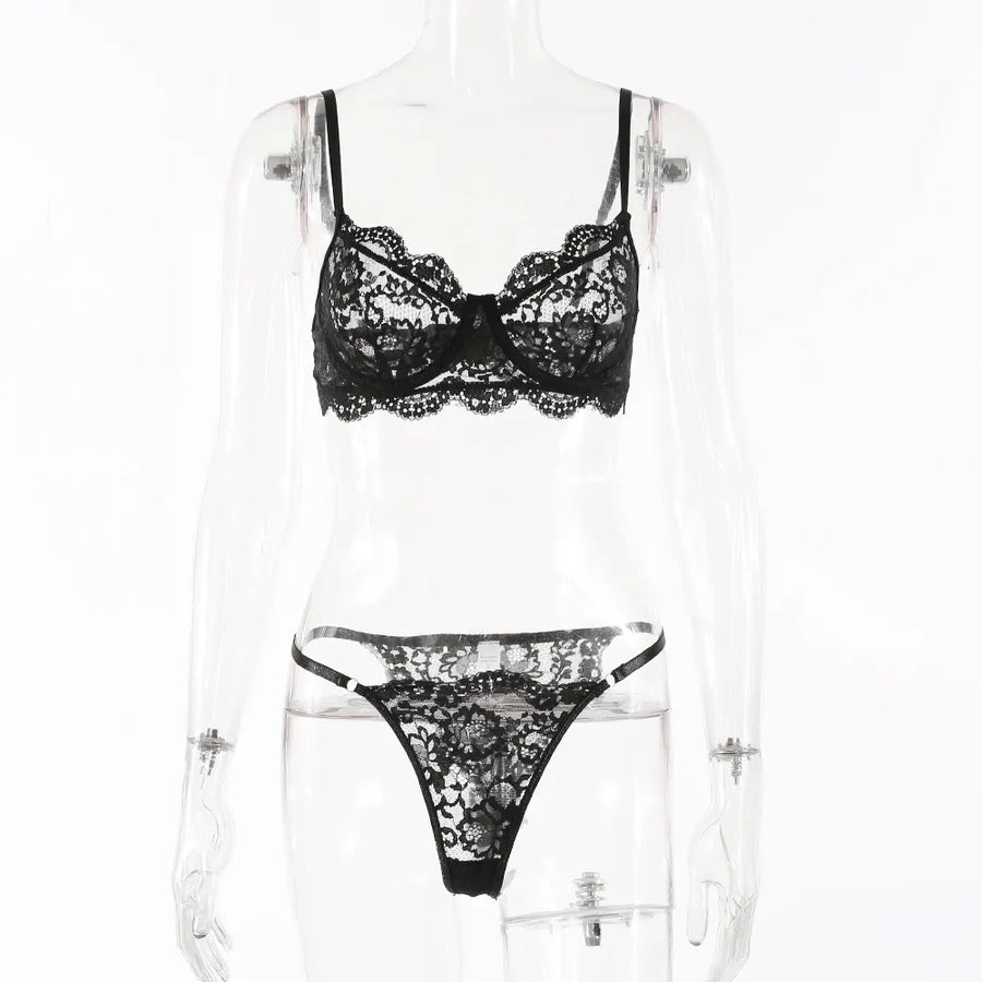 solid color underwire bra sexy lace hollow out mid waist thong sexy lingerie