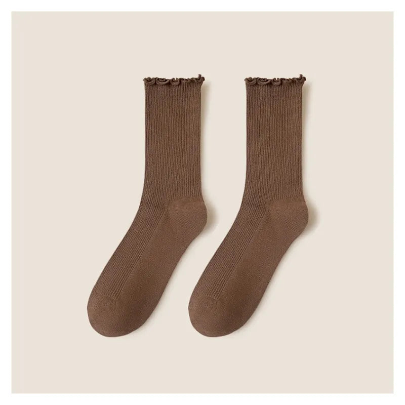 Wooden ear socks women's mid-calf socks summer thin pile socks summer black white autumn stockings loafers fashion
