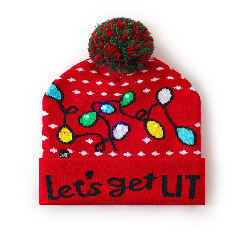 In Stock  Christmas Hat with Light Led Seven-Color Lights Adult Jacquard Hat Woolen Cap Men's and Women's Knitted Hat