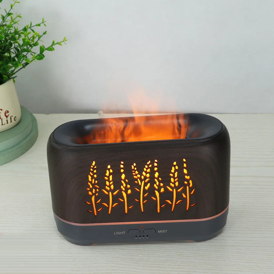 New wood grain hollow wheat ear WiFi flame humidifier household flame essential oil aromatherapy machine  products wholesale