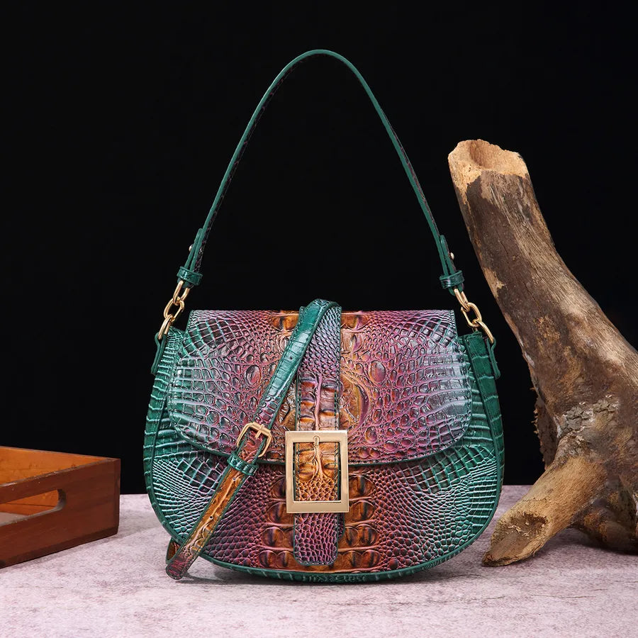 Women's Medium Pu Leather Crocodile Elegant Vintage Style Oval Buckle Crossbody Bag