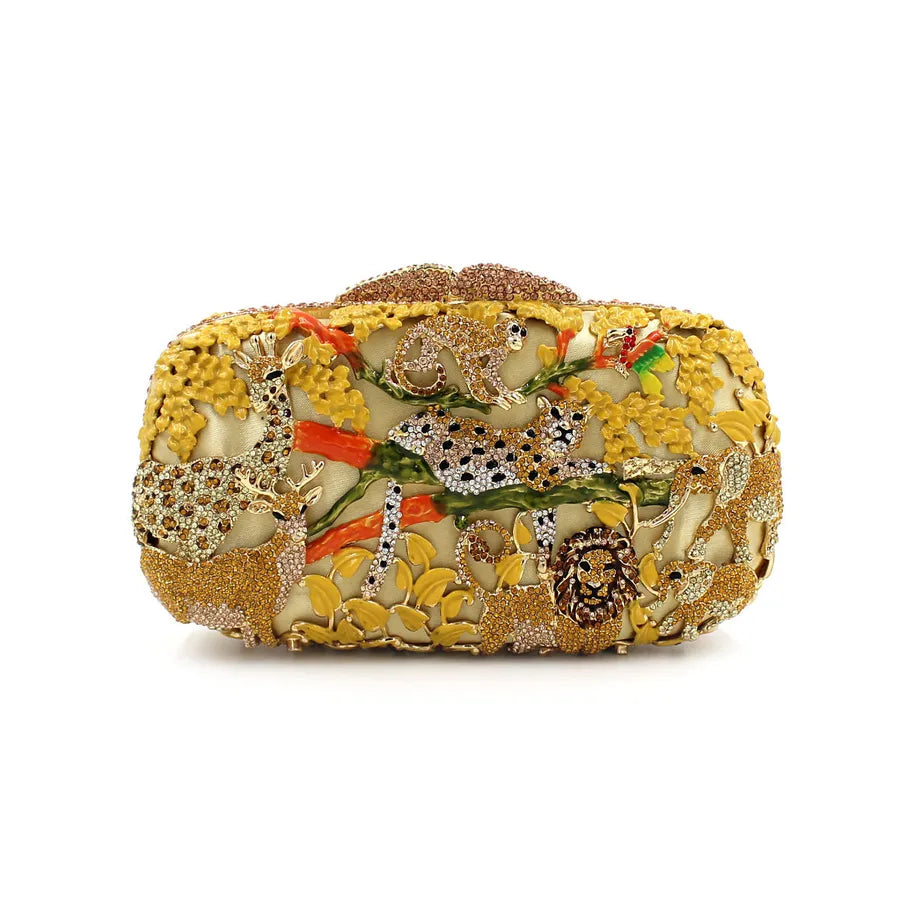 Black&Green Gold Rhinestone Metal Animal Hollow Square Evening Bags