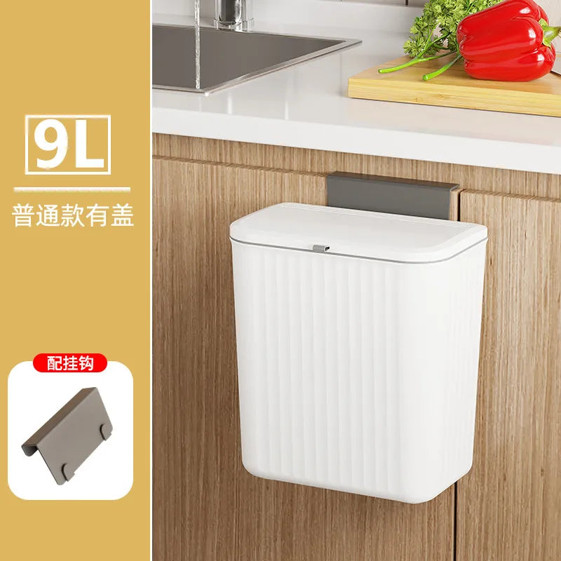 Kitchen Household Sliding Cover Wall Hanging Trash Bin Punch-free Cabinet Door Bathroom Kitchen Waste Office Storage Bucket