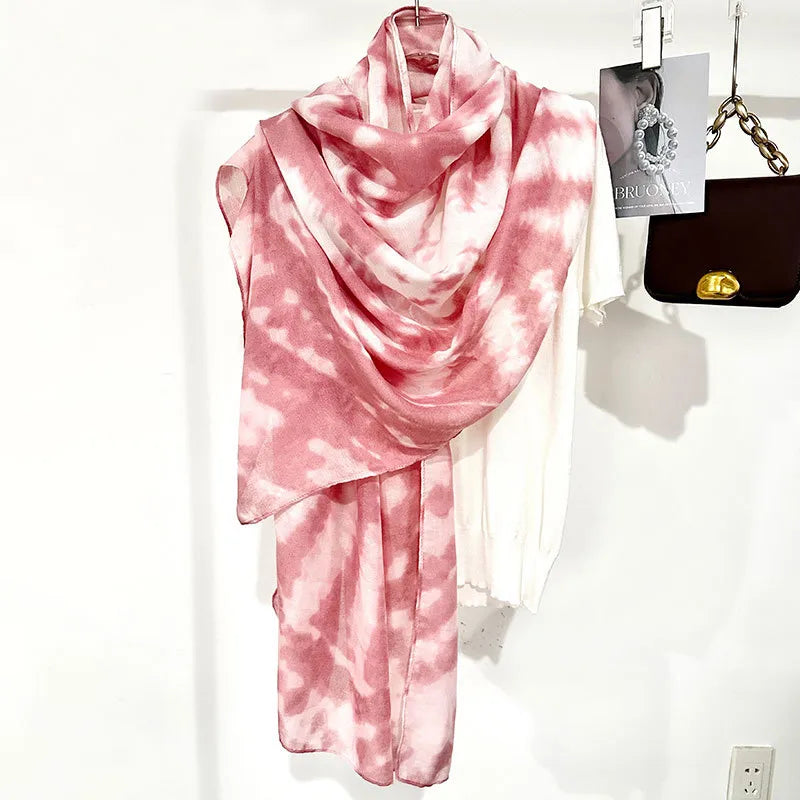 Tourism Holiday Style Herringbone Tie-dyed Silk Scarf Women's Artistic All-match Mid-length Sunscreen Silk Scarf Beach Scarf Tide