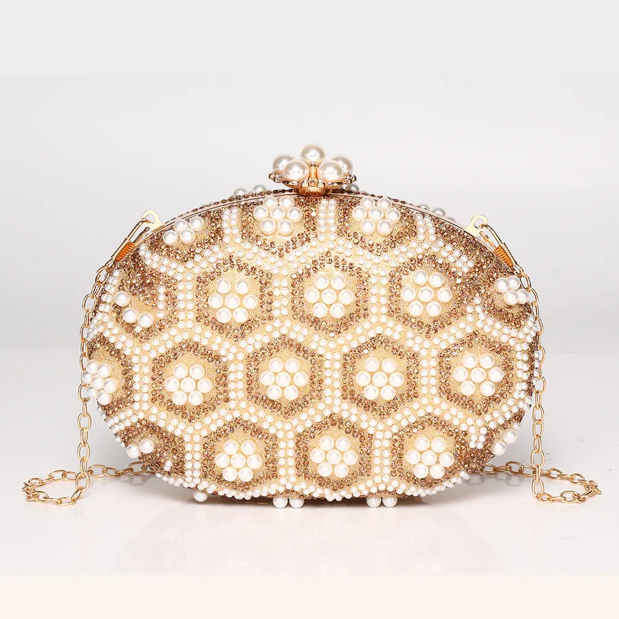Gold Pu Leather Flower Oval Evening Bags