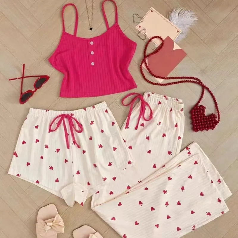 Popular Sexy Ribbed Home Wear Women's Pajamas Waist-Cinching Heart Print 3-Piece Set