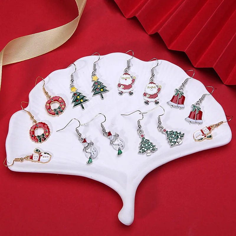 Fashionable Minimalist Christmas Series Earrings Women's Bell Drop Oil Flower Ring Snowman Christmas Tree Santa Claus Ear Jewelry