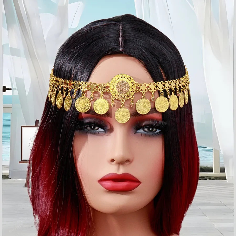 Fashionable Gold Diamond Embedded Arab Headband Indian Style Bridal Accessory Alloy Waterdrop Pattern Women's Headwear