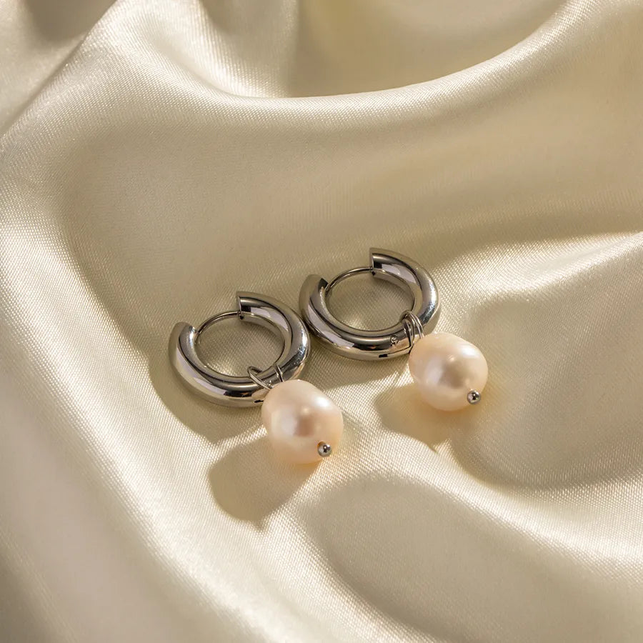 1 Pair INS Style Elegant Geometric Plating 304 Stainless Steel Freshwater Pearl Drop Earrings