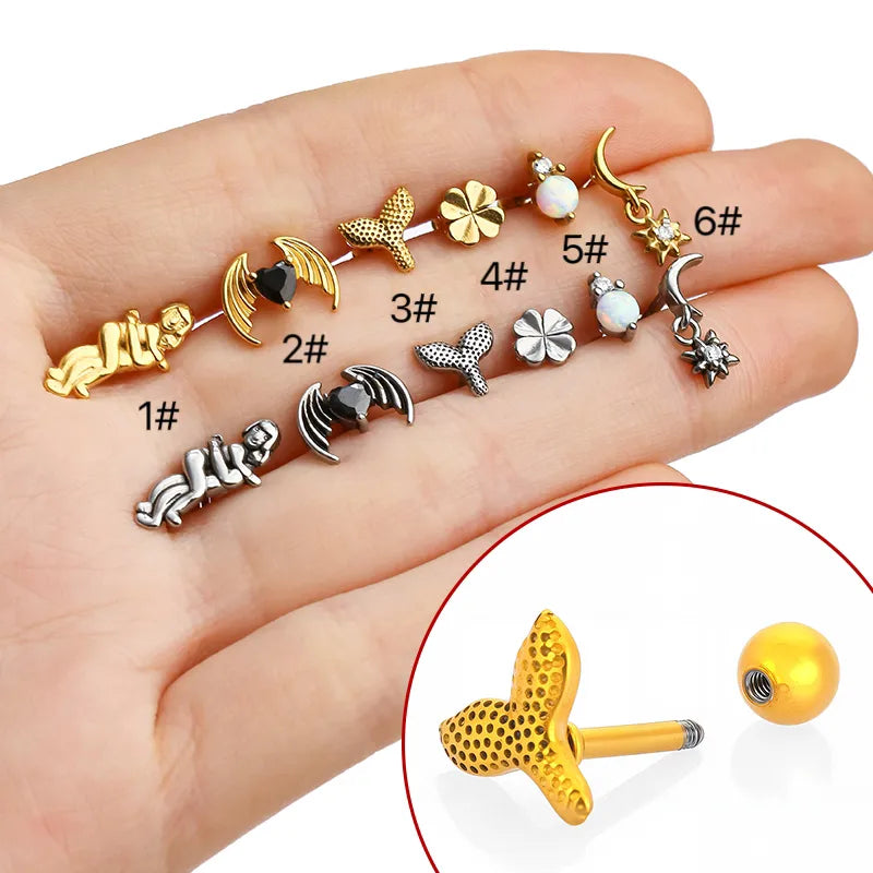 1 Piece Casual Nordic Style Punk Four Leaf Clover Wings Fish Tail Polishing Plating 316L Stainless Steel  Zircon 18K Gold Plated Screw Backs Ear Studs