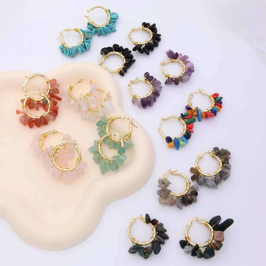 1 pair ethnic style bohemian tropical solid color handmade plating natural stone copper 18k gold plated hoop earrings