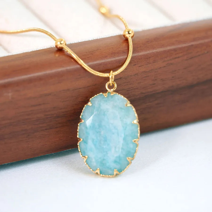 Retro Ethnic Style Geometric Round natural stone Titanium Steel 14K Gold Plated Natural Stone Pendant Necklace In Bulk