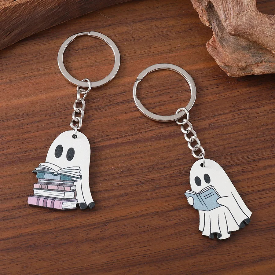 Wooden Halloween Ghost Keychain Pendants Cartoon Style Book Theme Hanging Ornaments Gifts For Party Decorations