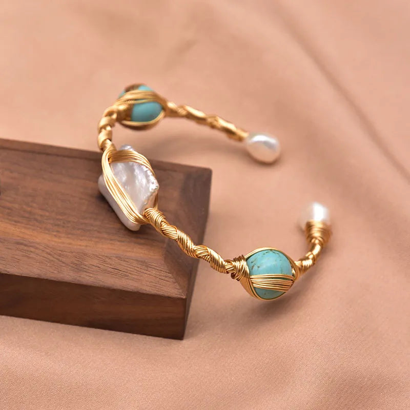 retro oval flower pearl inlay turquoise bracelets