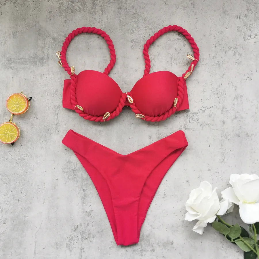 Low Waist Bikini Strap Braided Rope Women's Hard Bag Gathered Color Block Swimsuit Sexy Environmental Pure Color Swimming Suit