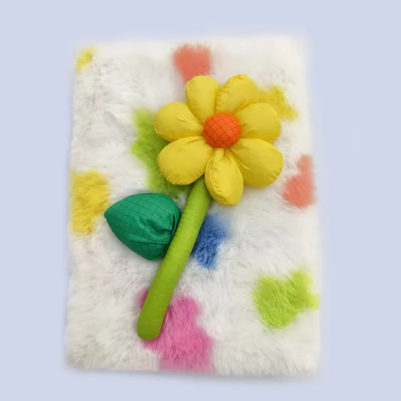 Creative A5 Plush Notebook Cartoon Mini Book Student Diary With Horizontal Lines 70g*80 Pages White And Yellow Flocking Material