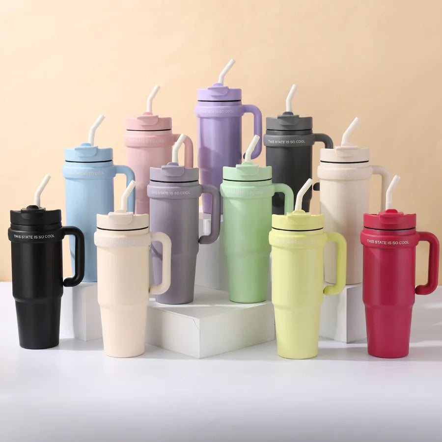 Giant 30Oz Handle Cup, 304 Stainless Steel Thermos Cup, Car Double Drinking Straw Large Ice Cup