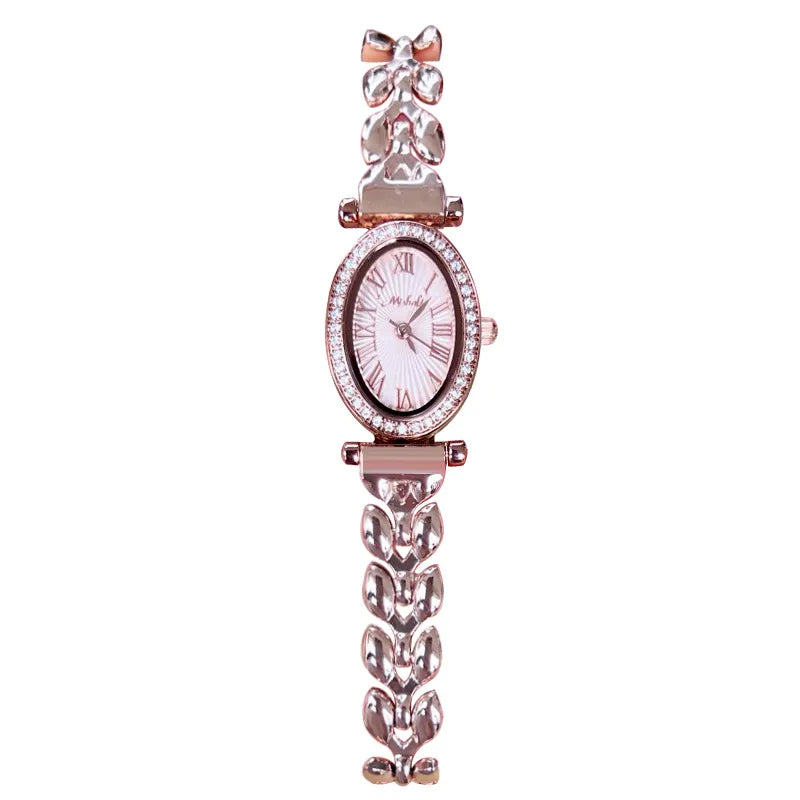 Fashionable Waterproof Quartz Women's Watch Mini Elliptical Dial Diamond Embedded Gold Hand Chain Stainless Steel Strap