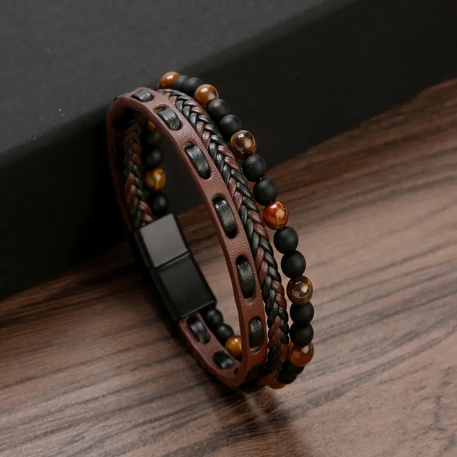 vintage style classic style twist pu leather natural stone handmade men's bangle