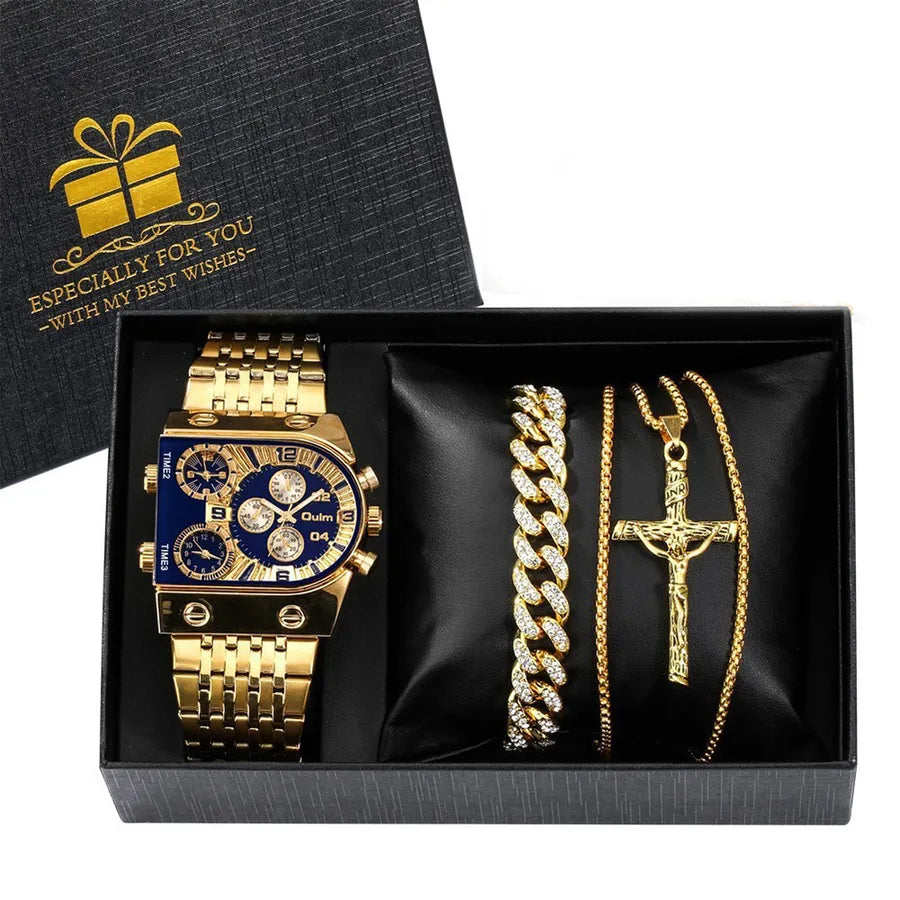 Business Color Block Folding Buckle Quartz Men's Watches Gift Set