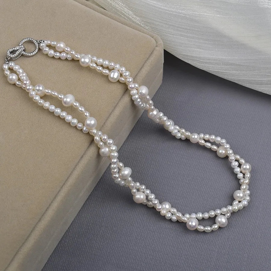 Natural Freshwater Pearl Twist Necklace Double Layer with 925 Silver Clasp Simple Elegance Egg Round Pearl Jewelry Accessory