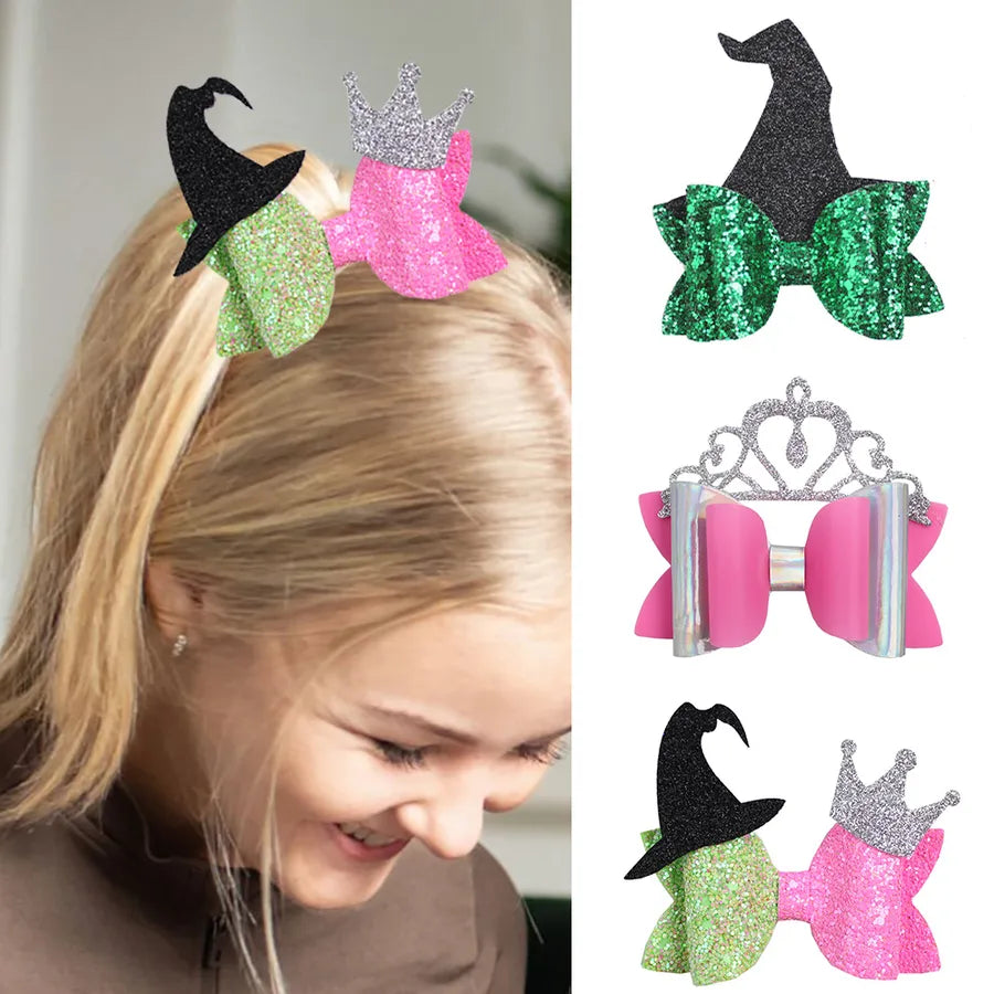 New Product Wicked Witch Hairpin Pink Green Glitter Bow Wicked Witch Accessories