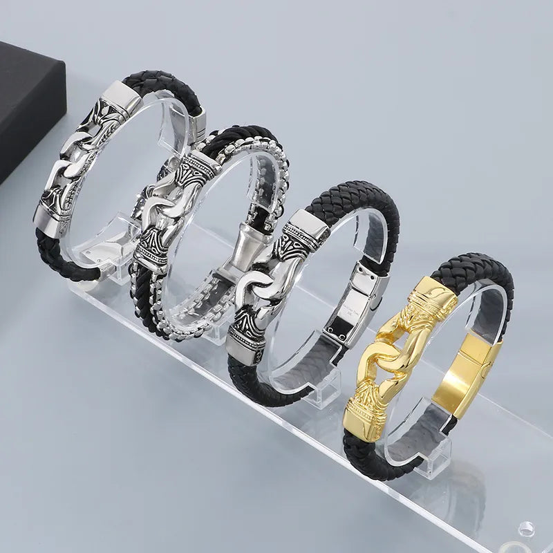 Business Simple Style Totem 304 Stainless Steel Leather 18K Gold Plated Men's Bangle