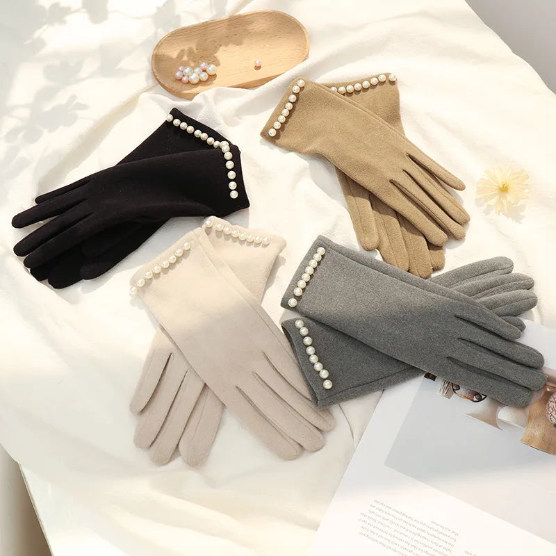 Women's Winter Fleece Lined Touchscreen Gloves Pearl Design Cycling Driving Warm New Style Cold Resistance Handwear