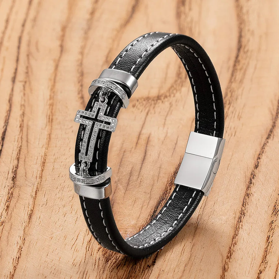 Retro Punk Simple Style Cross 316L Stainless Steel  Leather rope Women's Men's Bracelets Men Cord & Leather Bracelets