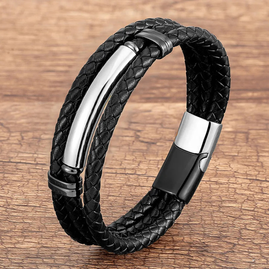 punk modern style geometric stainless steel pu leather men's bracelets