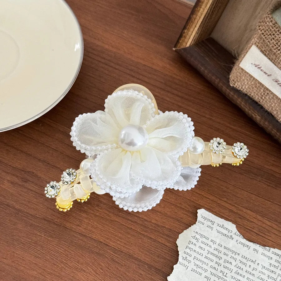 Dove Super Large Pearl Rhinestone Mesh Flower Hair Clip Elegant Sensation Shark Bite Hair Clip Women's Fashion Hair Accessories