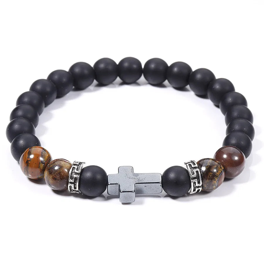 Hot-Selling Cross Beaded Bracelet Turquoise Tiger Eye Stone Men's Bracelet Yiwu Jewelry Wholesale Stall
