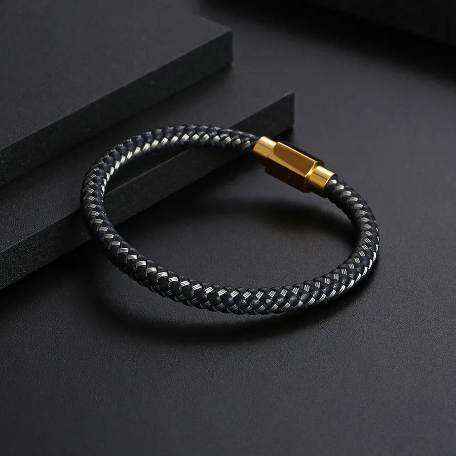 Classic Style Commute Color Block 304 Stainless Steel Pu Leather Plating Men's Bangle