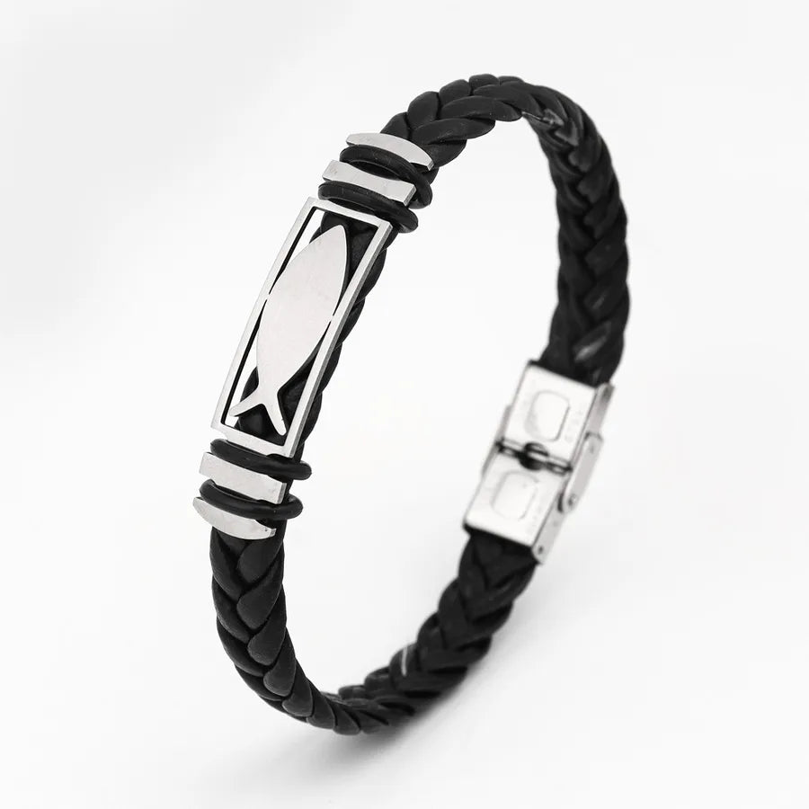 Retro Punk Solid Color 304 Stainless Steel Pu Leather Plating Men's Bangle Men Cord & Leather Bracelets