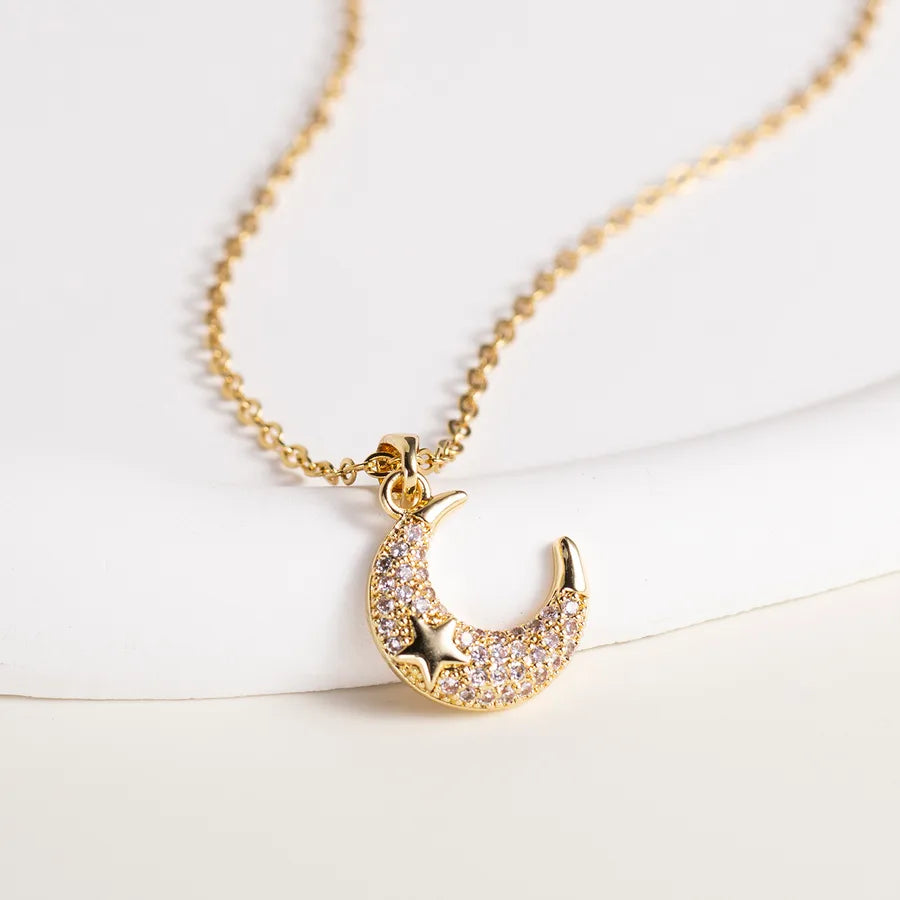 Wholesale Jewelry IG Style Sweet Star Moon Copper Zircon 14K Gold Plated cable chain Pendant Necklace