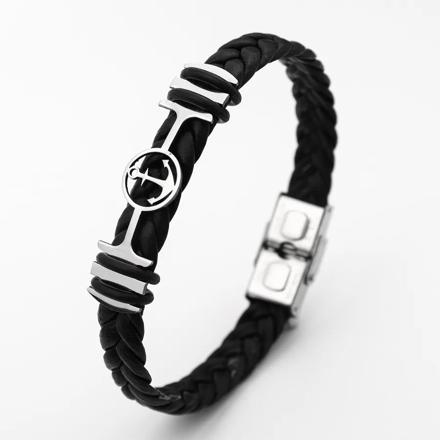 Retro Punk Solid Color 304 Stainless Steel Pu Leather Plating Men's Bangle Men Cord & Leather Bracelets