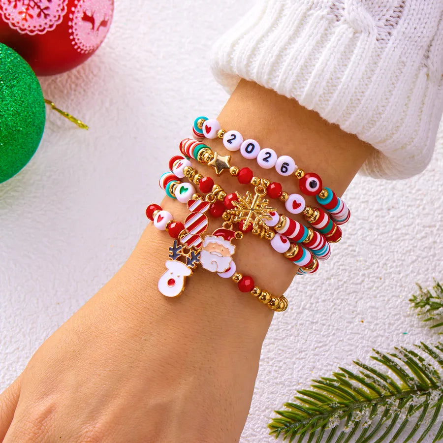 Christmas Themed Bracelet Set Snowflake Santa Pendant Elastic Rope Chain Adjustable Clasp Soft Ceramics Alloy Festive Jewelry