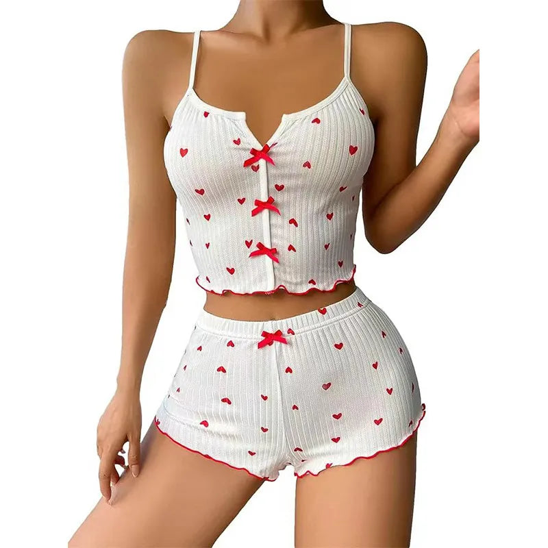 New Product Heart-shaped Printed Contrast Home Clothes Front Split Sling Pajamas suit