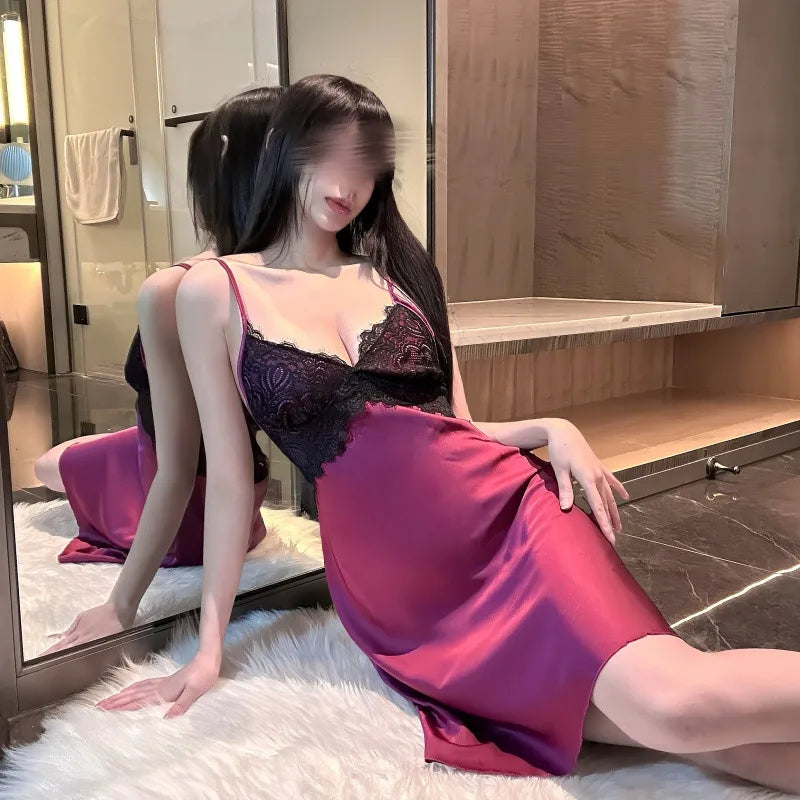 Pure Desire Sexy Silk Sleepwear Women's Thin Strap Slip Dress Home Clothes Spring Summer White Enhancing Backless Nightgown