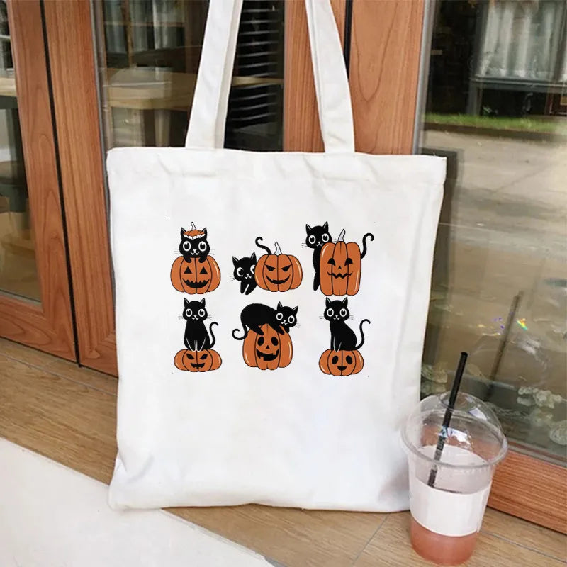 Cute Cat Halloween Party Bag Women Ghost Canvas Tote Bag Harajuku Fashion Shopping Bag Square Shape Large Size Retro Print
