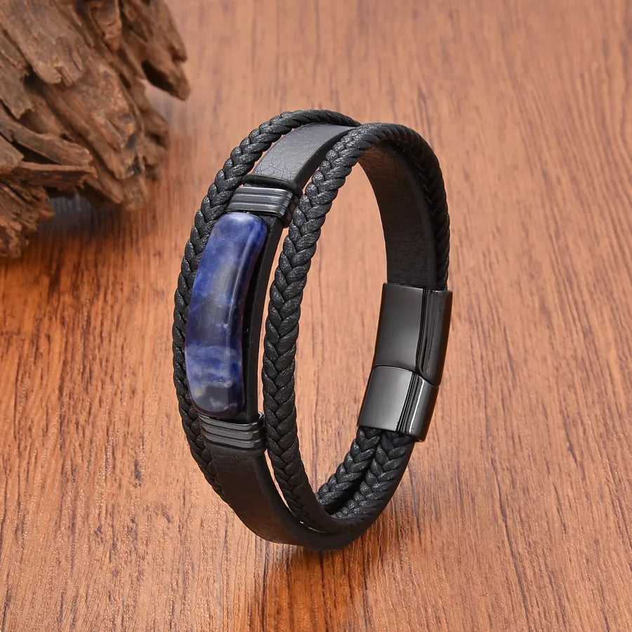 Vintage Style Geometric Leather rope Stone Metal Layered Magnetic Men's Bracelets