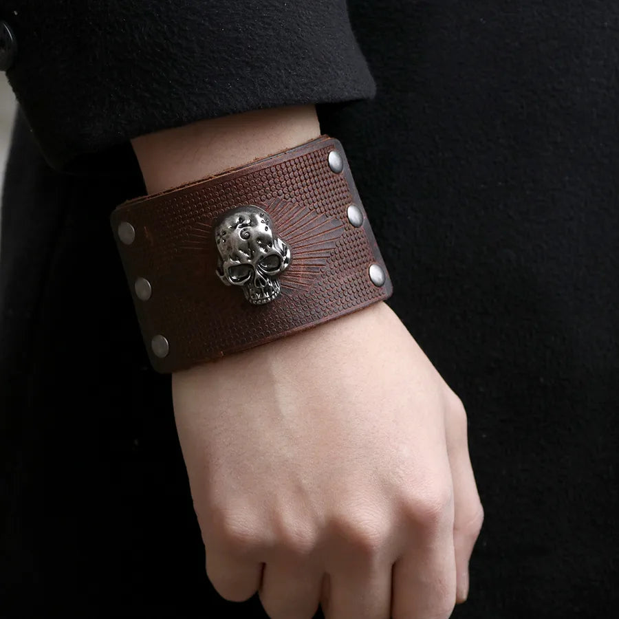 Vintage Style Skull Leather Halloween Men'S Bangle