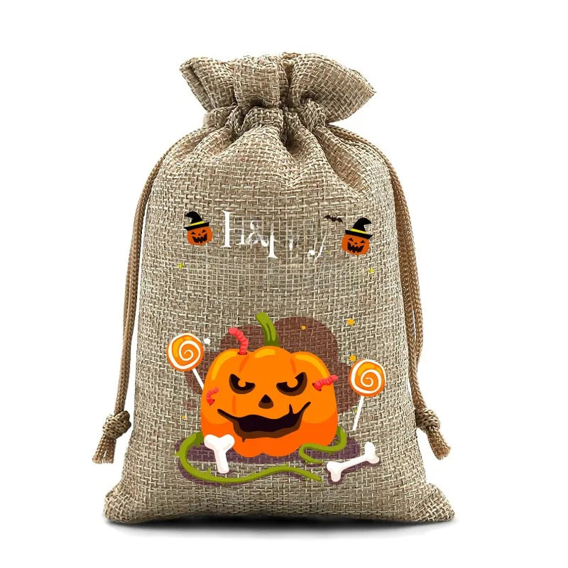 2025 New Halloween Linen Drawstring Gift Bag Pumpkin Shaped Sealed Mouth Bag Cartoon Style Heat Transfer Process Ladies Handbag